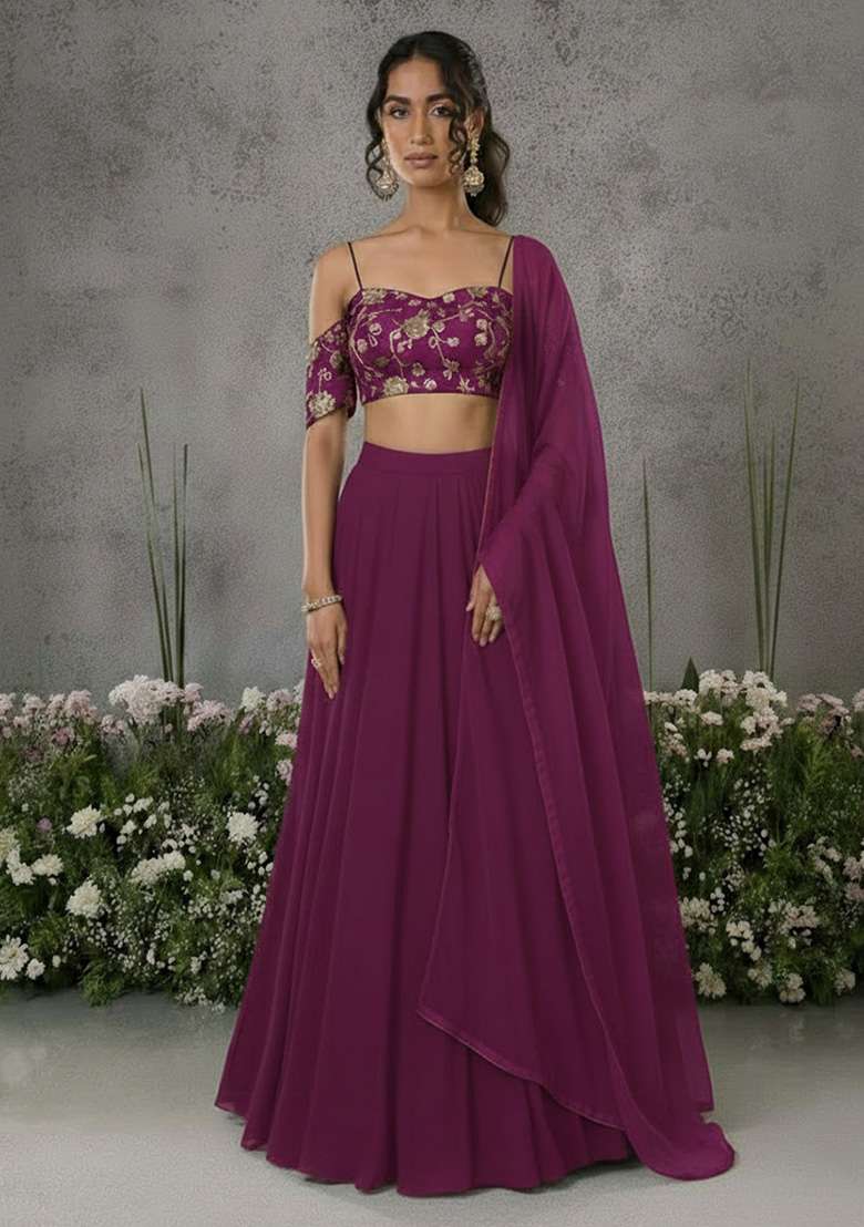 Dark Pink Embroidered Silk Blend Lehenga Set for Diwali and Festive Wear - Indya