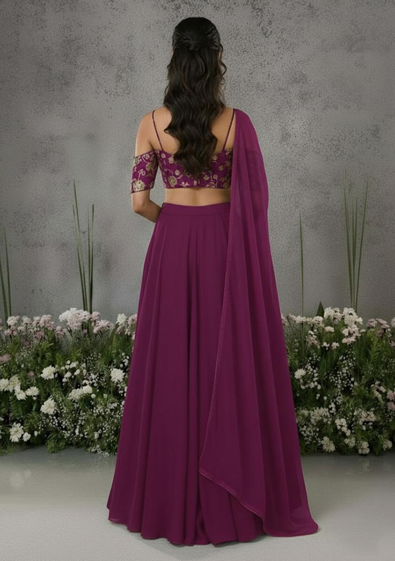 Dark Pink Embroidered Silk Lehenga Set - Indya