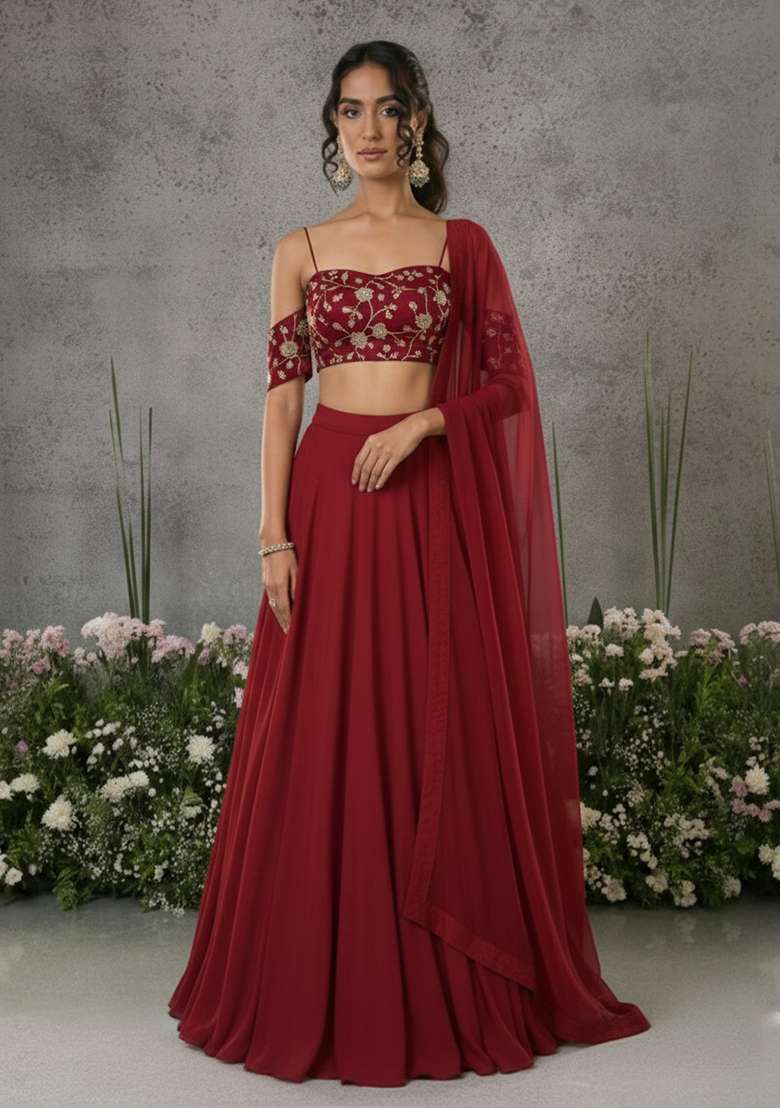 Wine Silk Blend Lehenga Set with Embroidered for Diwali | Wedding & Festive Wear - Indya