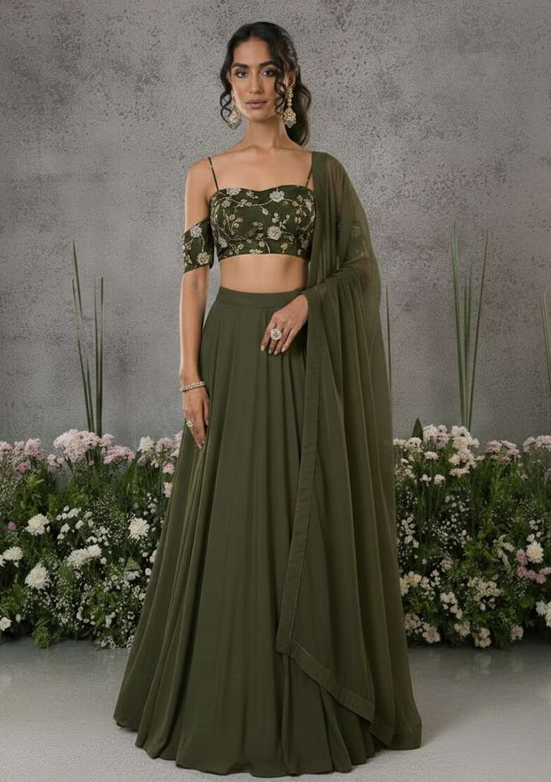 Olive Green Embroidered Silk Blend Lehenga Set - Indya