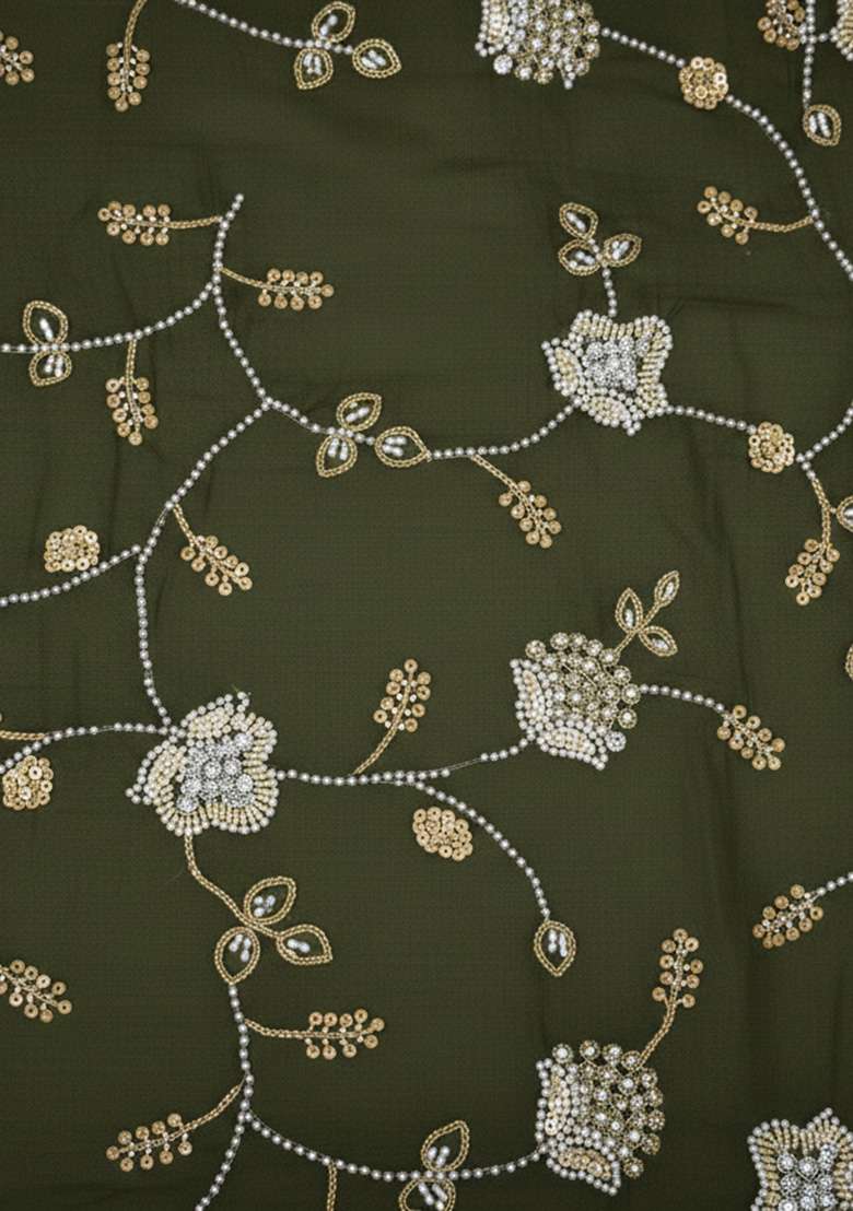 Olive Green Embroidered Silk Blend Lehenga Set - Indya
