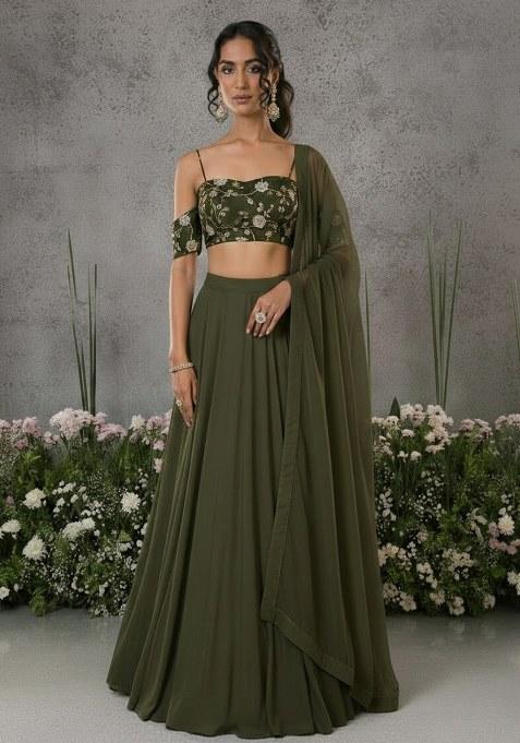 Olive Green Embroidered Silk Lehenga Set
