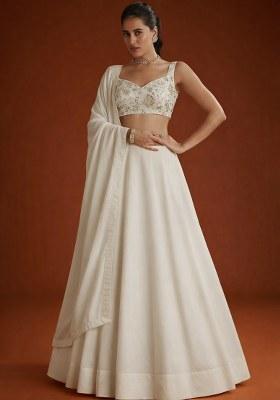 Off White Embroidered Georgette Lehenga Set