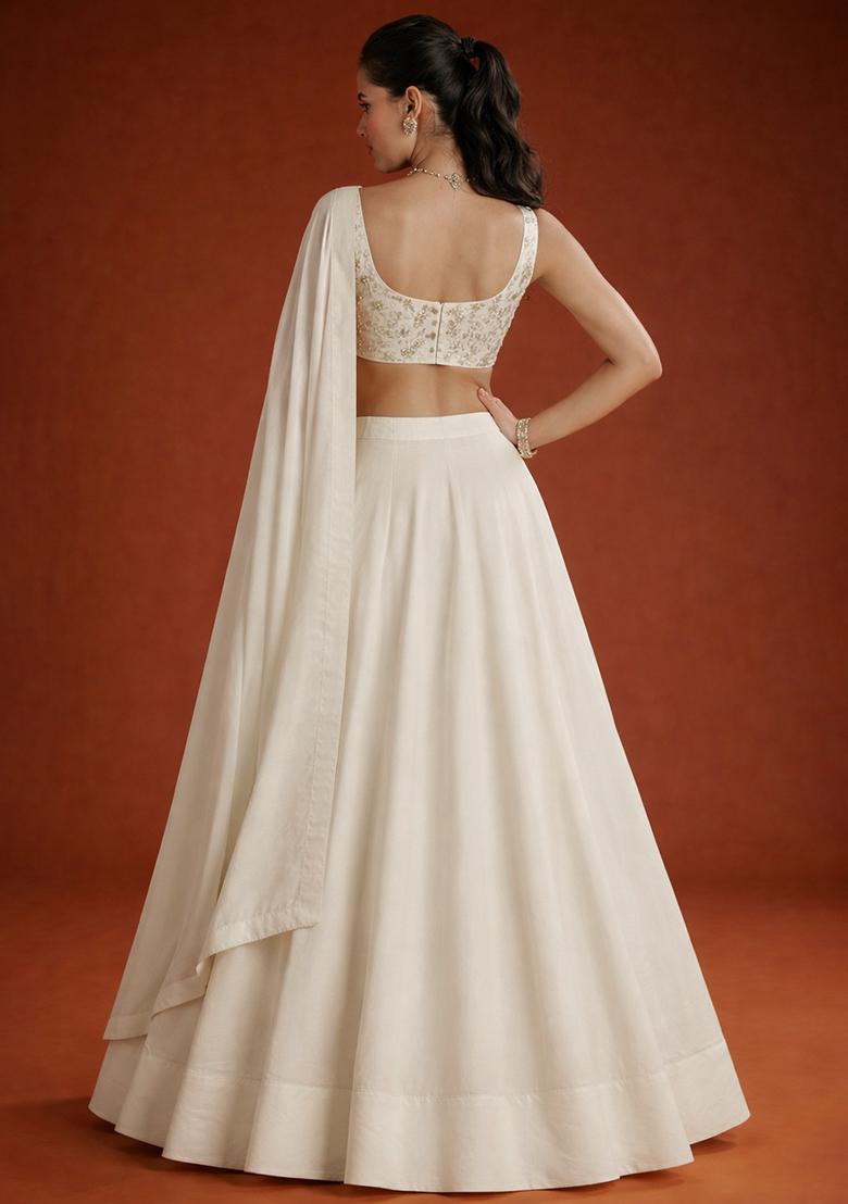 Off White Embroidered Georgette Lehenga Set - Indya