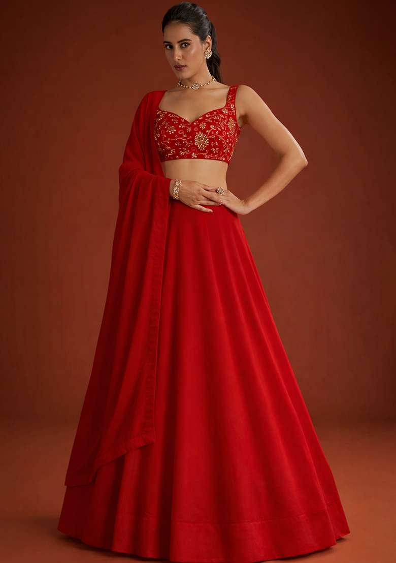 Red Embroidered Georgette Lehenga Set - Indya