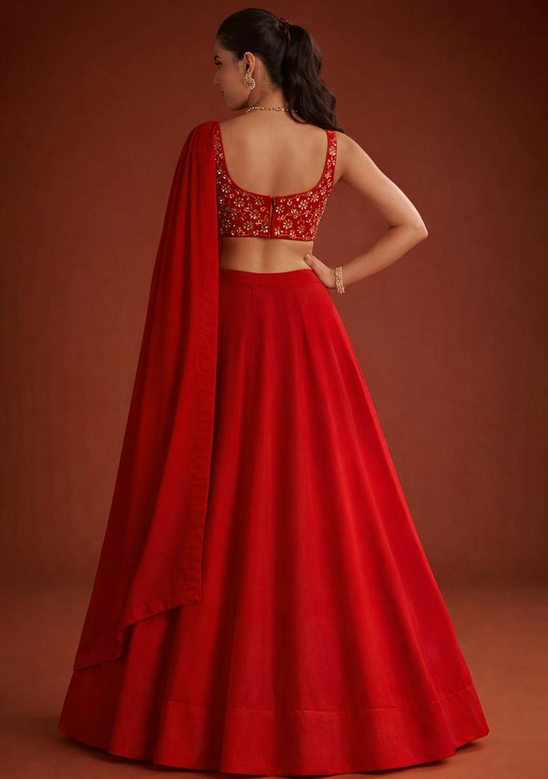 Red Embroidered Georgette Lehenga Set - Indya