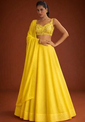 Yellow Embroidered Georgette Lehenga Set