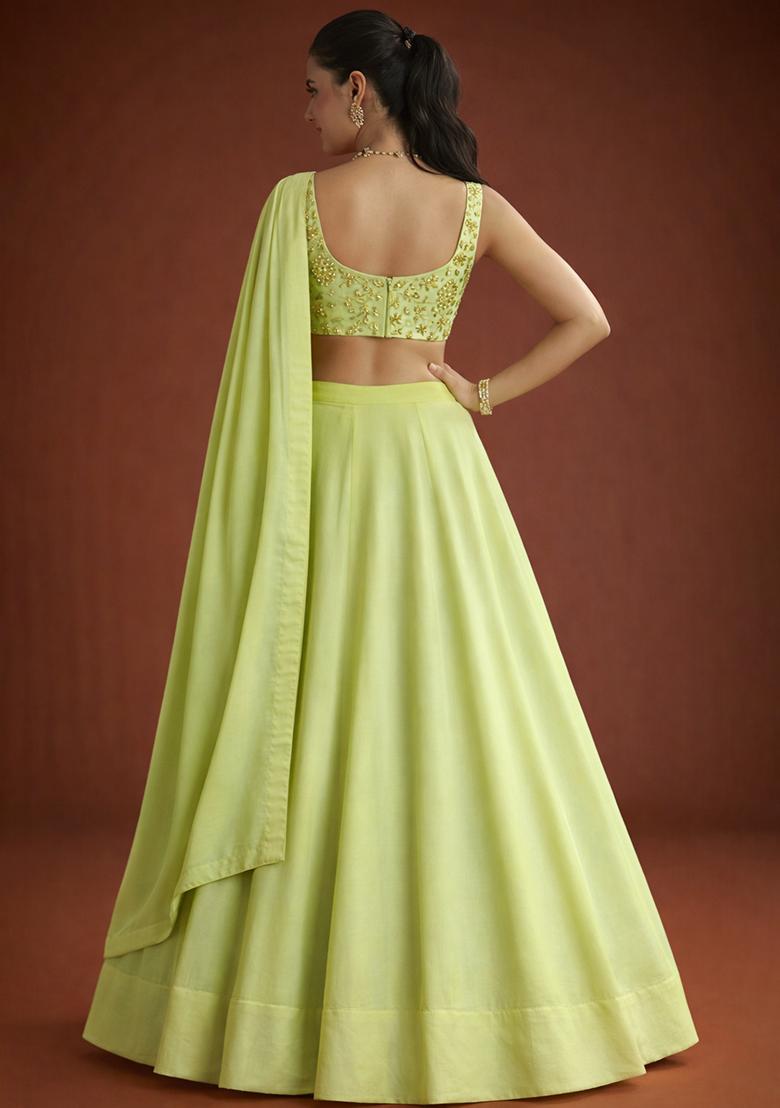 Light Green Embroidered Georgette Lehenga Set - Indya