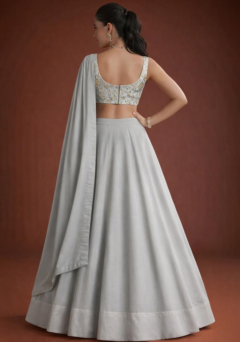 Grey Embroidered Georgette Lehenga Set - Indya