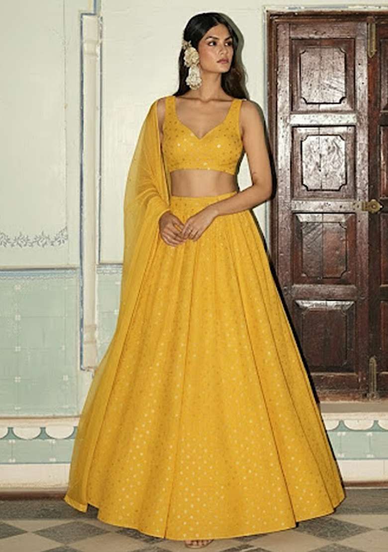 Mustard Yellow Zari Tissue Lehenga Set - Indya