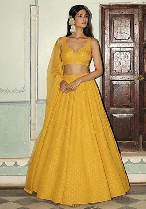 Mustard Yellow Zari Tissue Lehenga Set