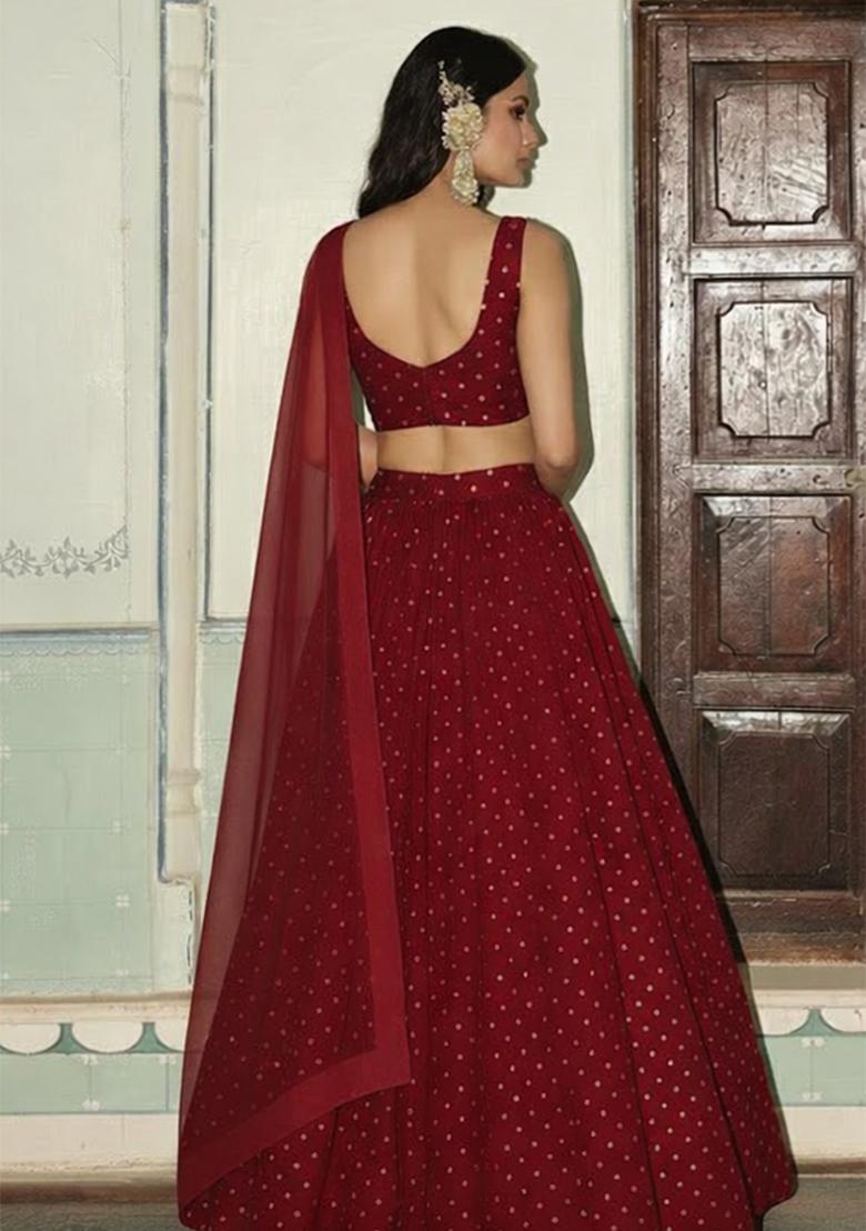 Deep Red Zari Tissue Lehenga Set - Indya