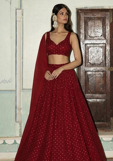 Deep Red Zari Tissue Lehenga Set