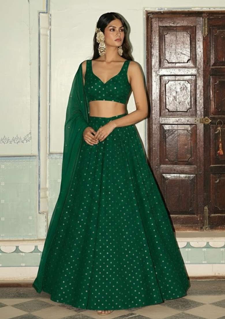 Dark Green Zari Tissue Lehenga Set - Indya