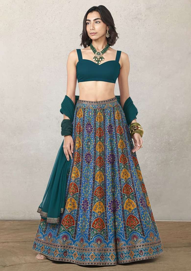 Bottle Green Embroidered Crepe Lehenga Set - Indya