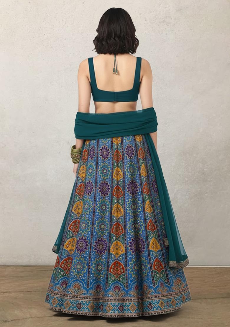 Bottle Green Embroidered Crepe Lehenga Set - Indya