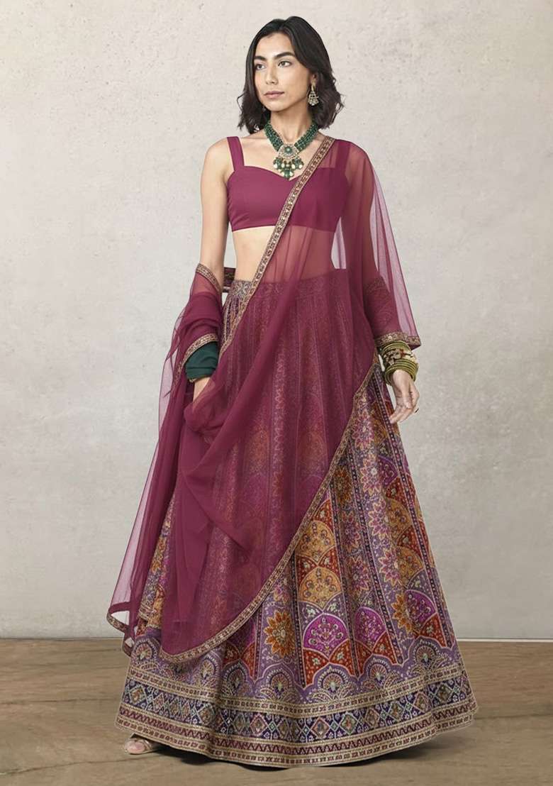 Wine Embroidered Crepe Lehenga Set - Indya