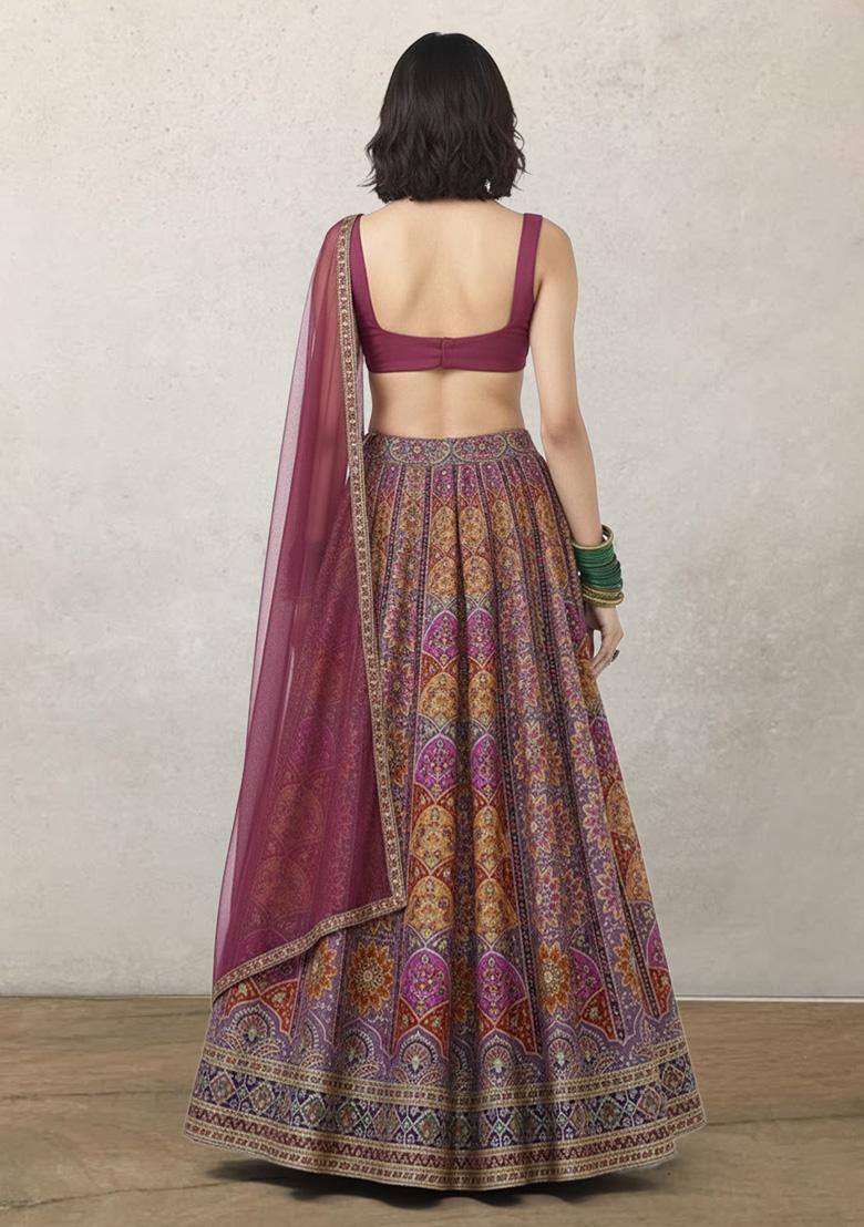 Wine Embroidered Crepe Lehenga Set - Indya