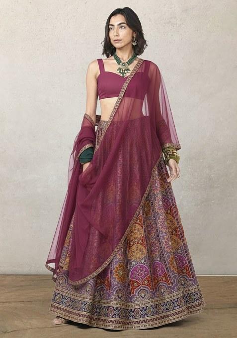 Wine Embroidered Crepe Lehenga Set