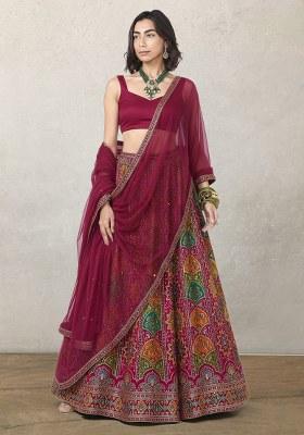 Rani Pink Embroidered Crepe Lehenga Set