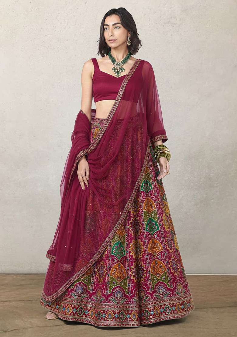 Rani Pink Embroidered Crepe Lehenga Set - Indya