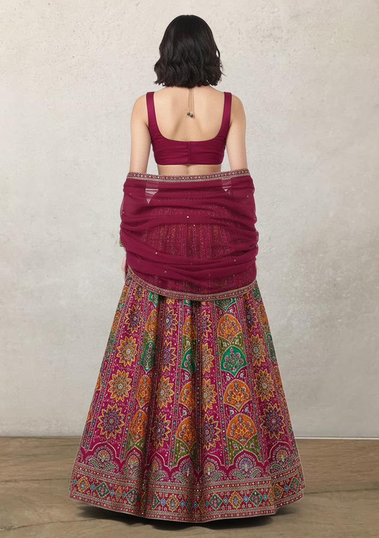 Rani Pink Embroidered Crepe Lehenga Set - Indya