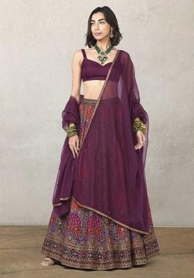 Purple Embroidered Crepe Lehenga Set