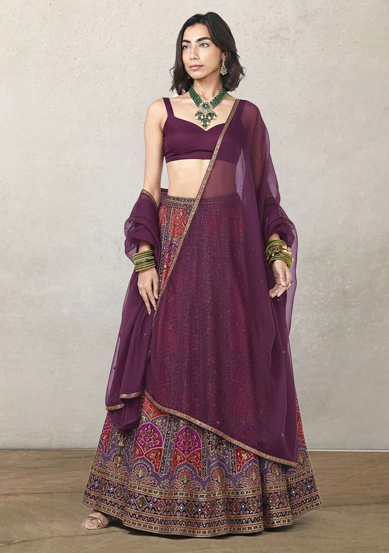 Purple Embroidered Crepe Lehenga Set - Indya