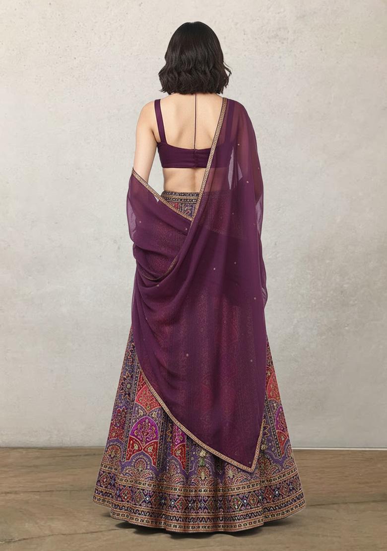 Purple Embroidered Crepe Lehenga Set - Indya
