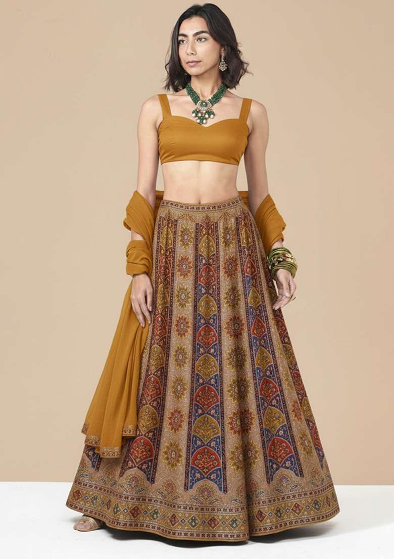 Mustard Embroidered Crepe Lehenga Set - Indya