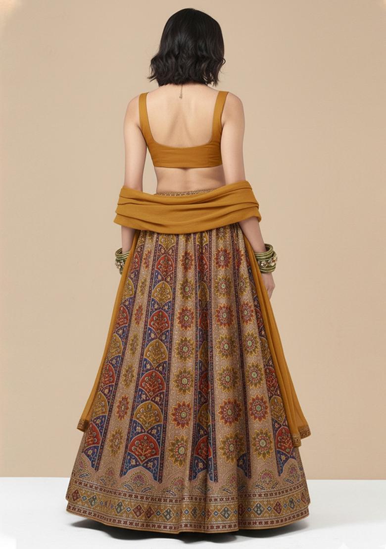 Mustard Embroidered Crepe Lehenga Set - Indya