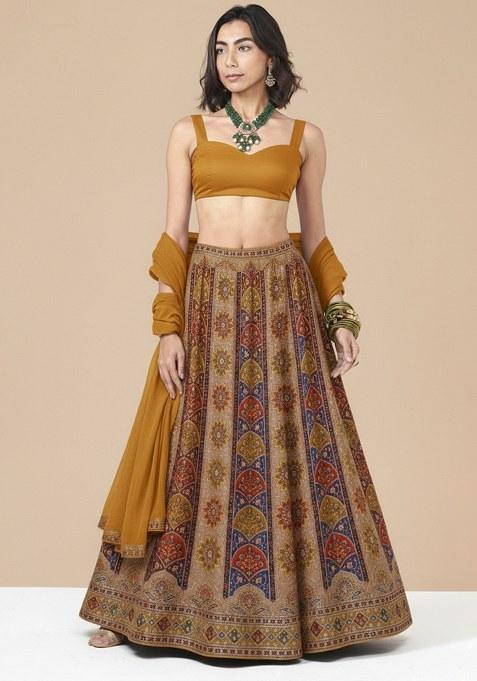 Mustard Embroidered Crepe Lehenga Set