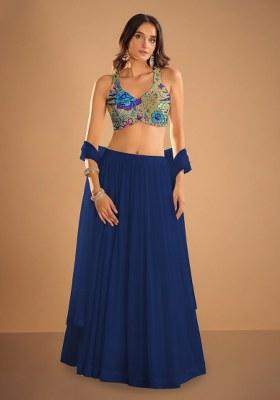 Royal Blue Embroidered Chinon Lehenga Set