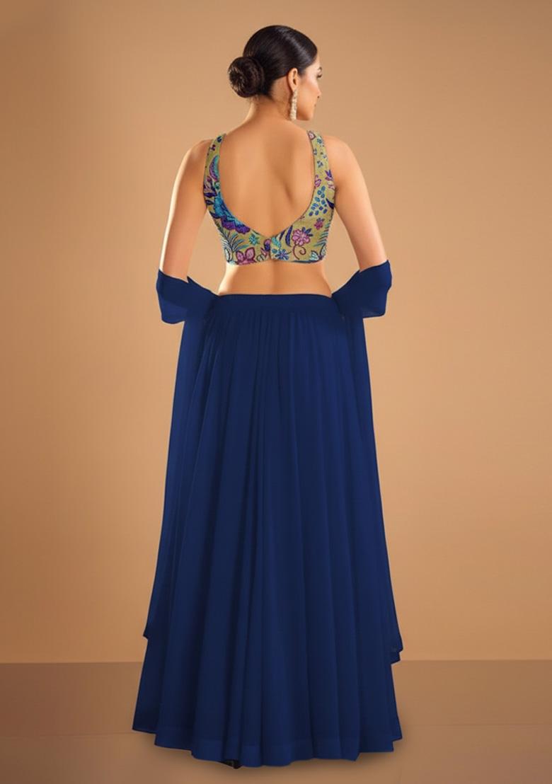 Royal Blue Embroidered Chinon Lehenga Set - Indya