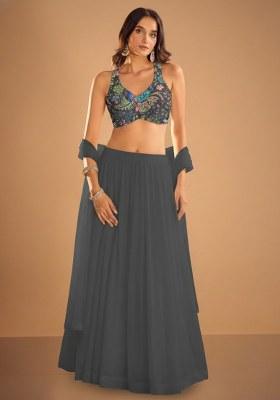 Grey Embroidered Chinon Lehenga Set