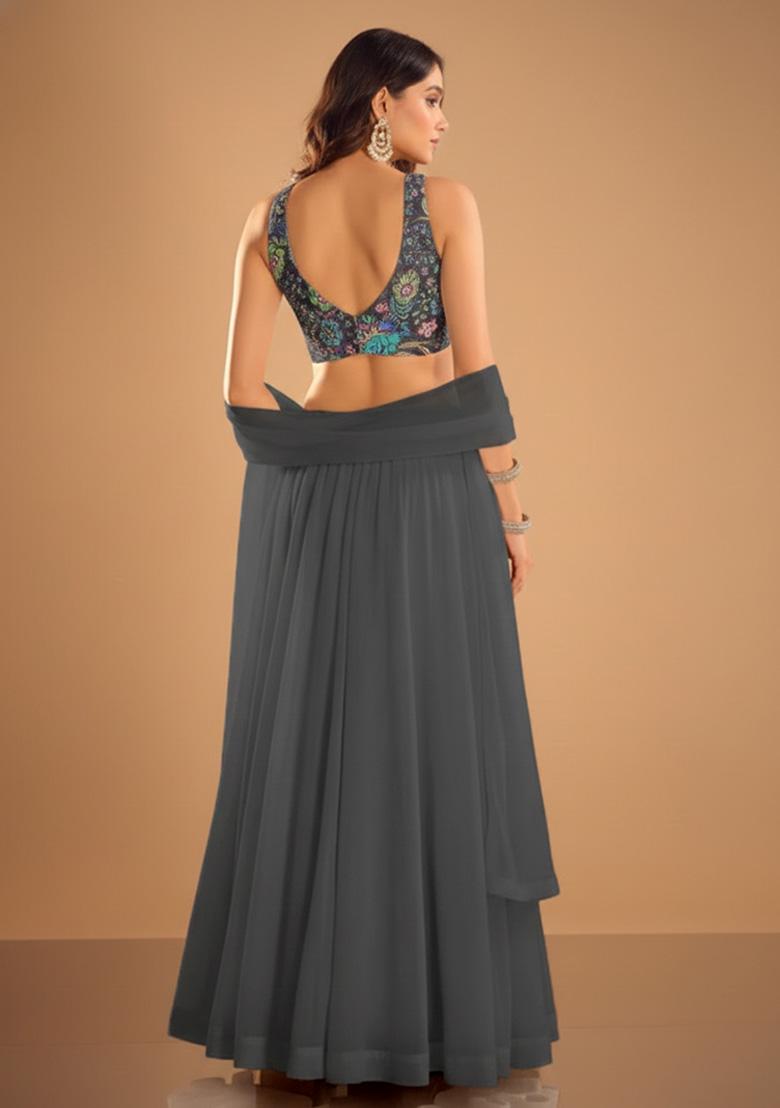 Grey Embroidered Chinon Lehenga Set - Indya
