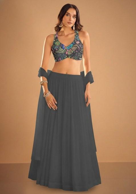 Grey Embroidered Chinon Lehenga Set