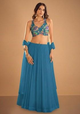 Aqua Blue Embroidered Chinon Lehenga Set