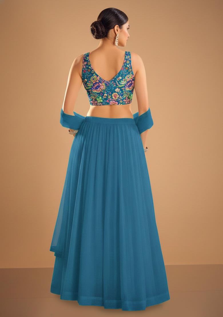 Aqua Blue Embroidered Chinon Lehenga Set - Indya