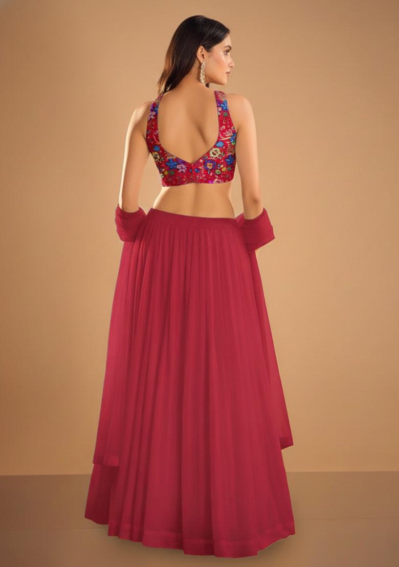 Muave Embroidered Chinon Lehenga Set - Indya