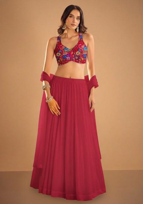 Muave Embroidered Chinon Lehenga Set