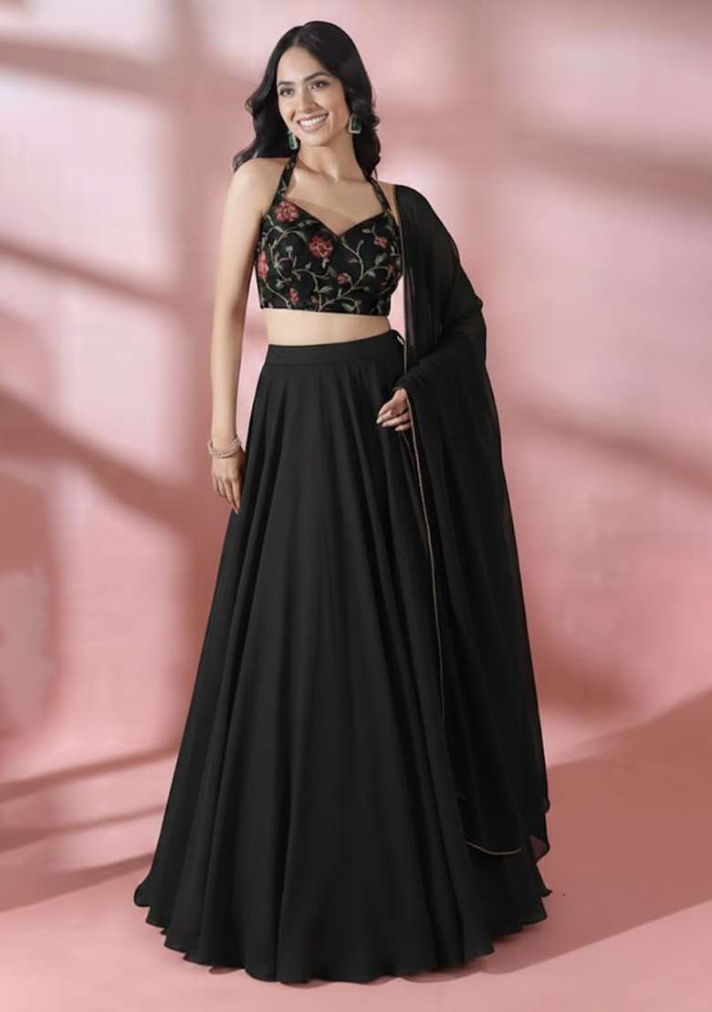 Black Embroidered Chanderi Lehenga Set - Indya