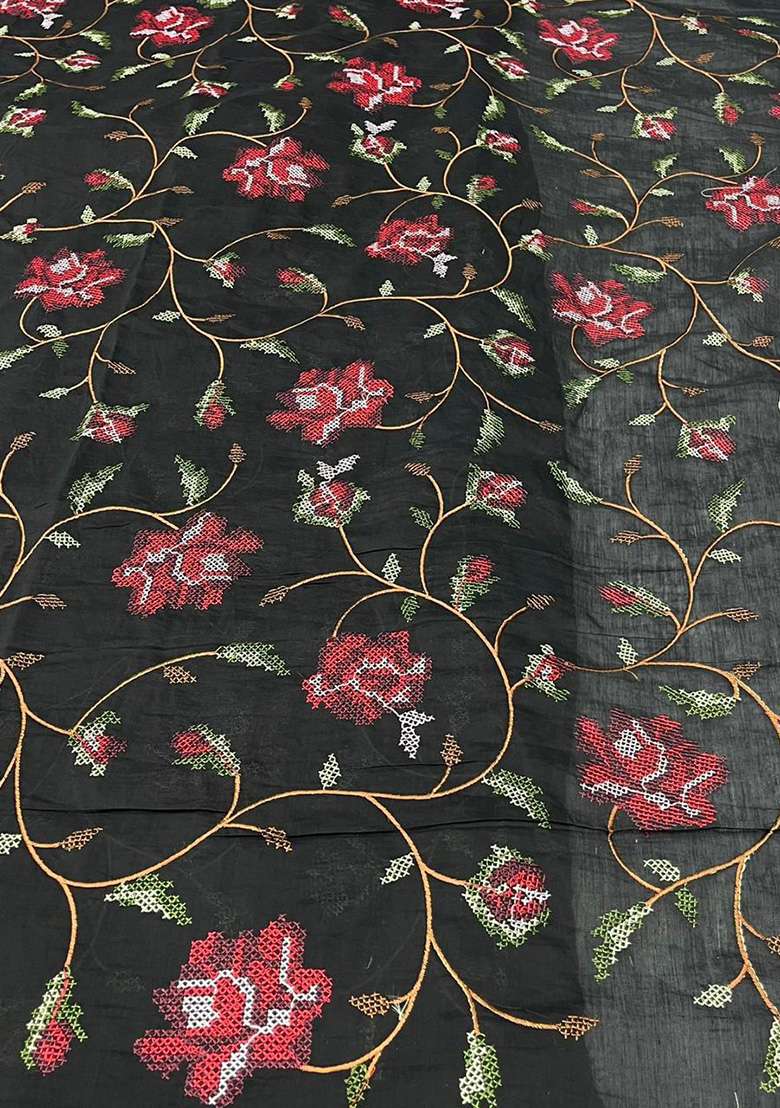 Black Embroidered Chanderi Lehenga Set - Indya