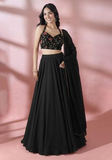 Black Embroidered Chanderi Lehenga Set
