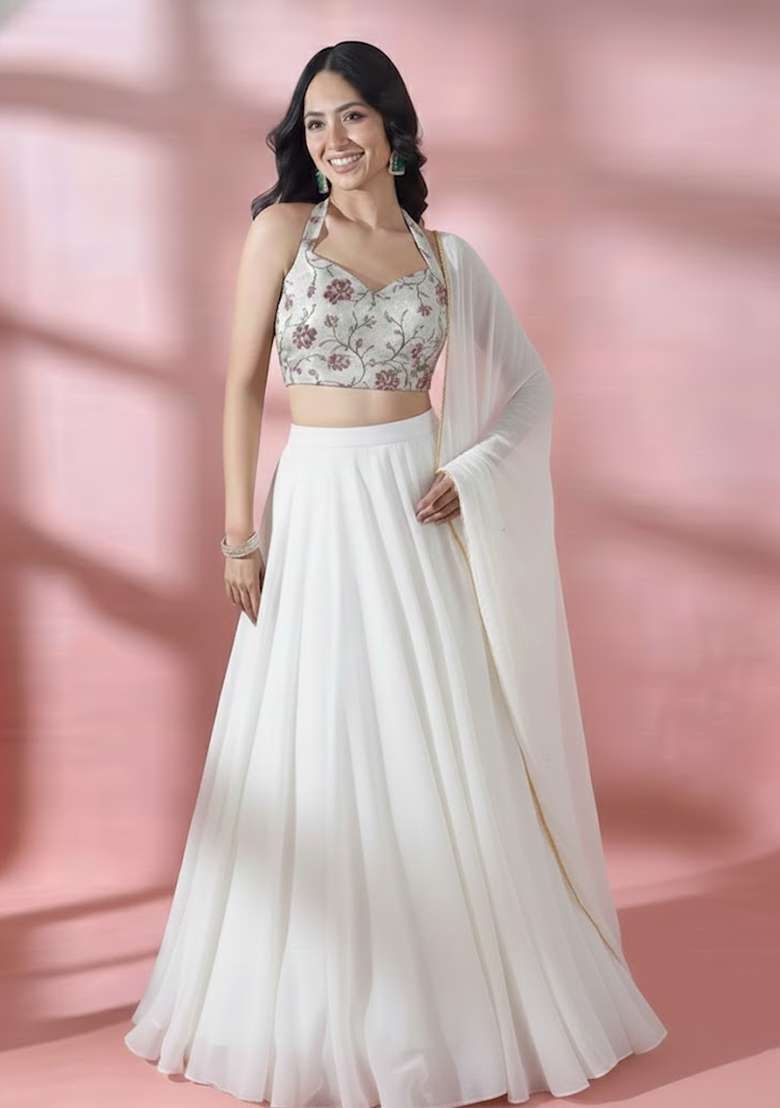 White Embroidered Chanderi Lehenga Set - Indya