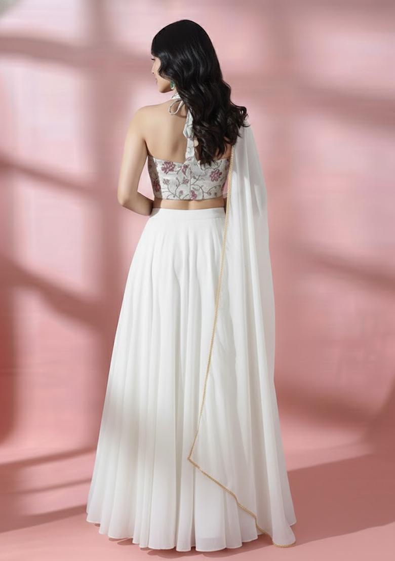 White Embroidered Chanderi Lehenga Set - Indya