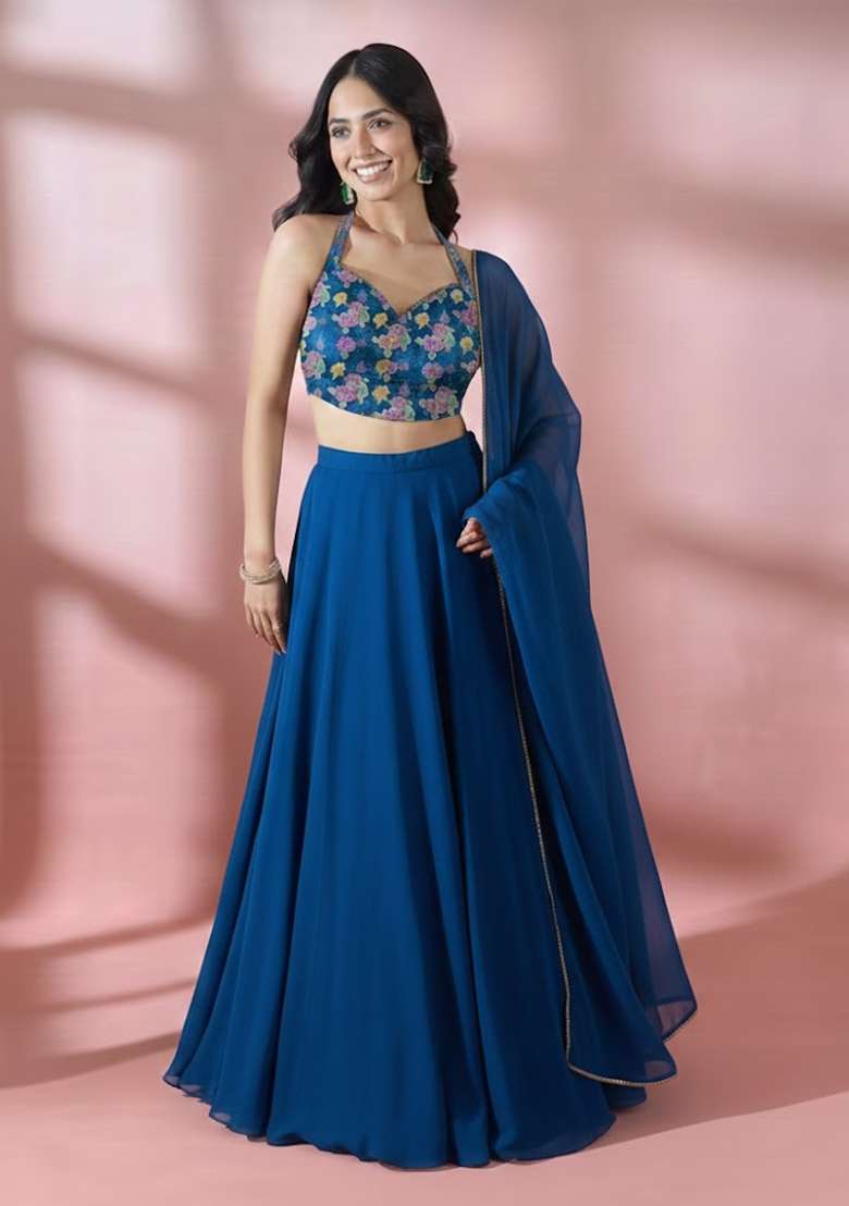 Royal Blue Embroidered Crepe Lehenga Set - Indya