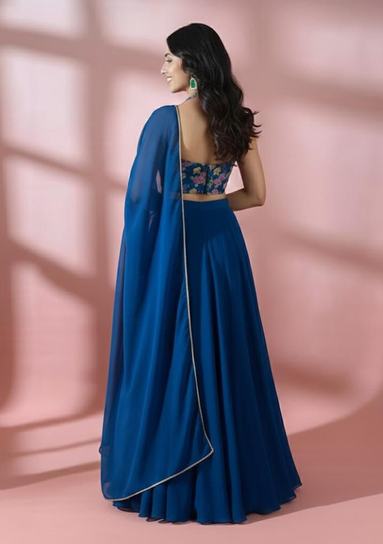 Royal Blue Embroidered Crepe Lehenga Set - Indya