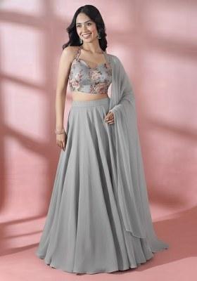 Grey Floral Print Georgette Lehenga Set