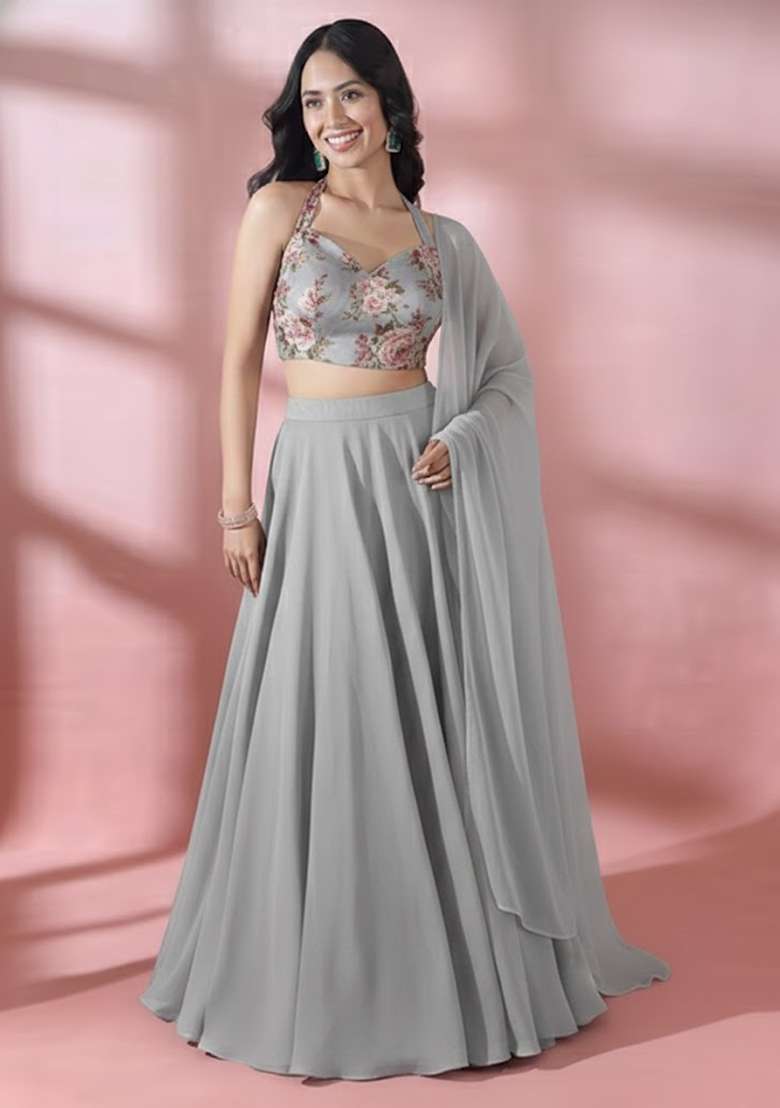 Grey Georgette Lehenga Set with Floral Print for Diwali | Wedding & Festive Wear - Indya